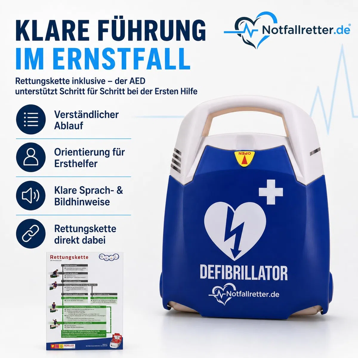 Defibrillator AED Wandschrank Set [10 Jahre Garantie] Erste Hilfe Set, Vollautomat, Autostart, 6 J. Batterie, für Betrieb, Gemeinde, Verein & Praxis, Notfall Ausrüstung Aufbewahrungsbox First Aid Kit