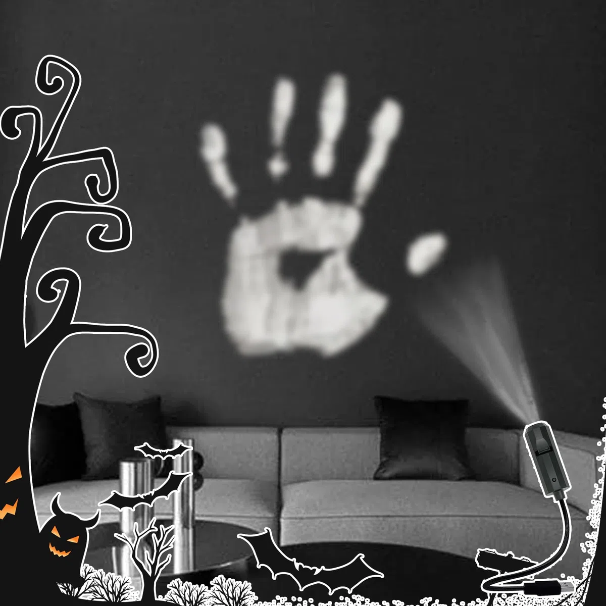 Halloween-Projektionslampe - 3 Modi Magnetischer Halloween Projektor mit Lichtshow,USB 360 Grad Drehbar LED Skelett Handabdruck Für Einfahrt Tunnel Gruselhaus