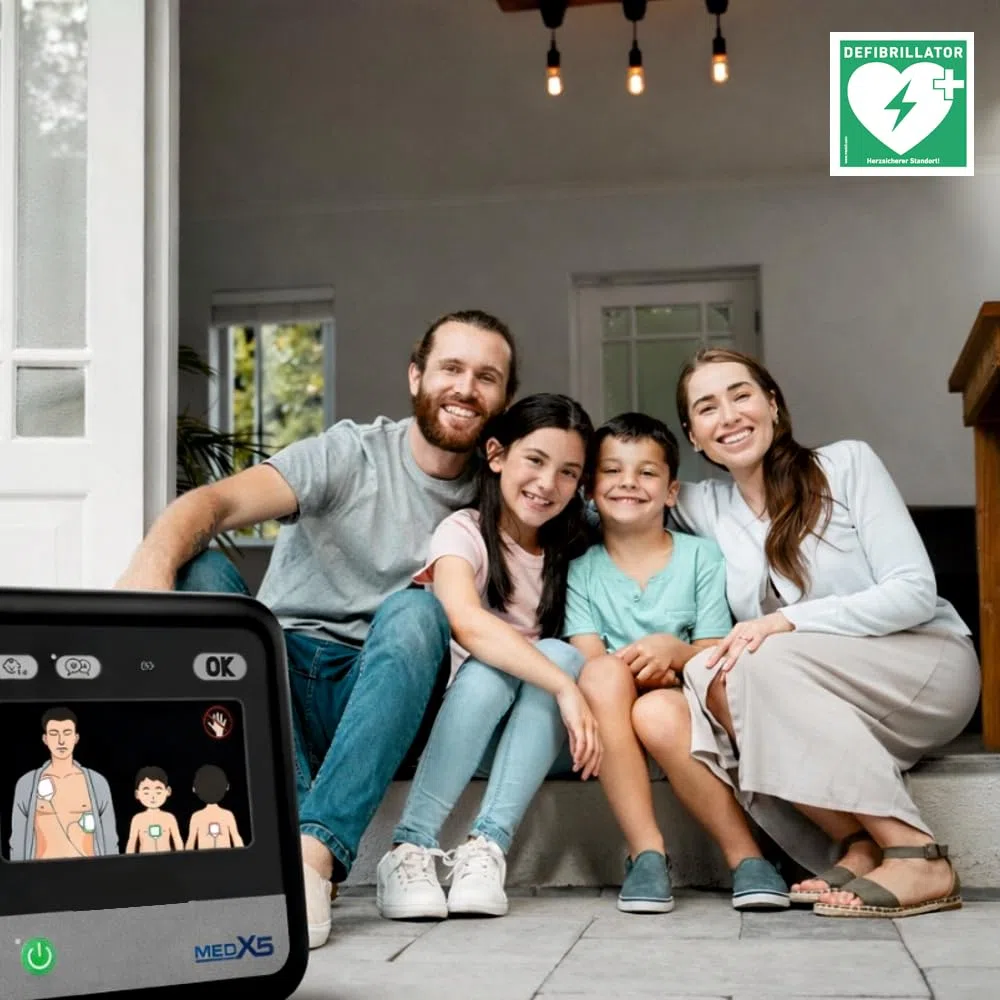 myPAD Heimdefibrillator AED für zuhause, Familie & Freizeit, 4 J. MedX5 Servicegarantie, vollautomatische Schockabgabe, LED-Grafik, für Kleinkinder Erwachsene, Komplettset