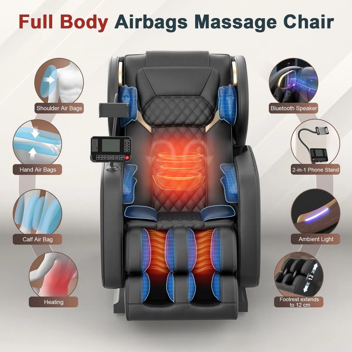 Ganzkörper Massagesessel mit 14 Massagerollen, 8 Airbags, Massagesessel mit Wärmefunktion-Beine und Taillenheizung, Bluetooth-Lautsprecher, Touchscreen-Controller, Zero-Gravity-Liegestuhl für Heimkino