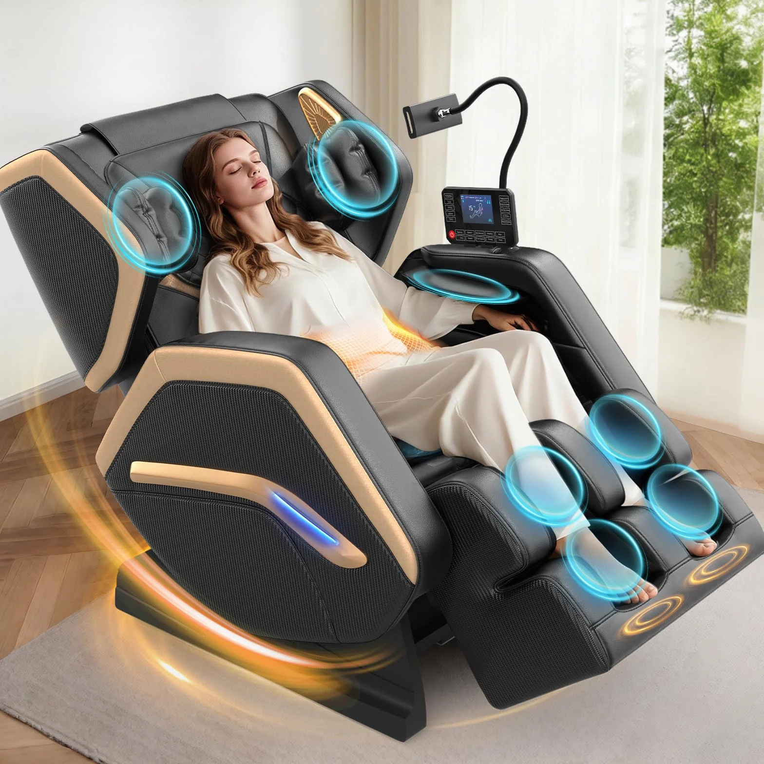 Massagesessel,Ganzkörper-Massagestuhl, 14 Massagerollen, Rücken- und Beinheizung, Fußmassage, 8 Airbags, Bluetooth-Lautsprecher, Touch-Fernbedienung für Familie und Freunde