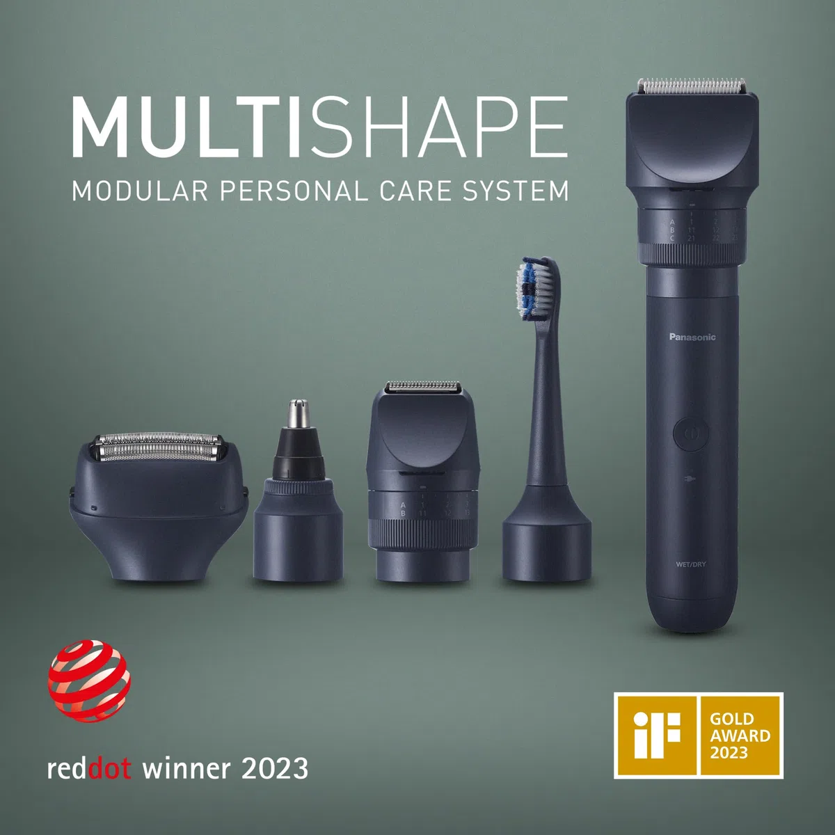 Panasonic MULTISHAPE modulares Körperpflege-System für Männer, Bart-/Haartrimmer, Bart-/Haar-/Körpertrimmer, 3-Klingen-Scherkopf, elektrische Zahnbürste & Nasen-/Ohren-/Augenbrauentrimmer Aufzatz