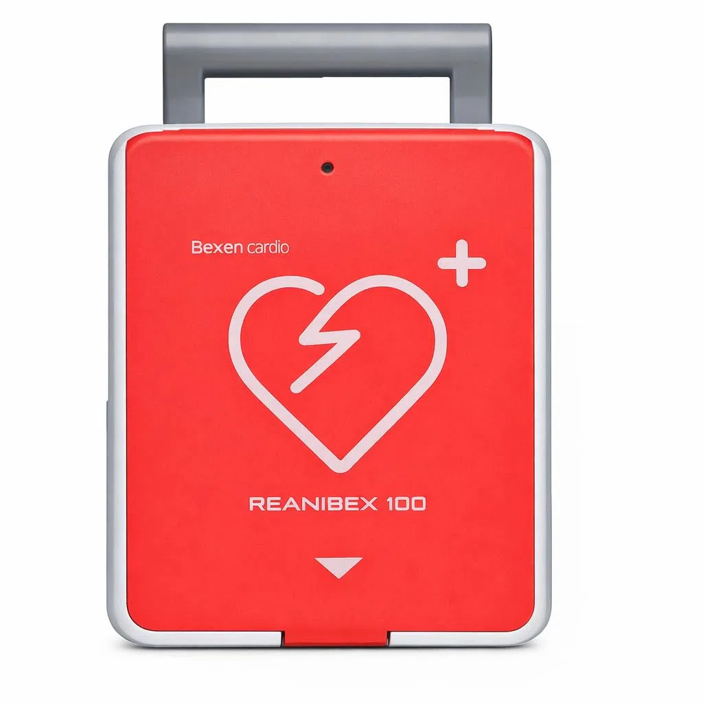 Reanibex 100 AED Defibrillator 2026 vollautomatische Schockauslösung, für Zuhause, im Betrieb, Kleinkindertaste, Ladezeit 0 Sekunden, 7 Jahre Garantie, Sprache DE/UK/FR, Erste-Hilfe Set