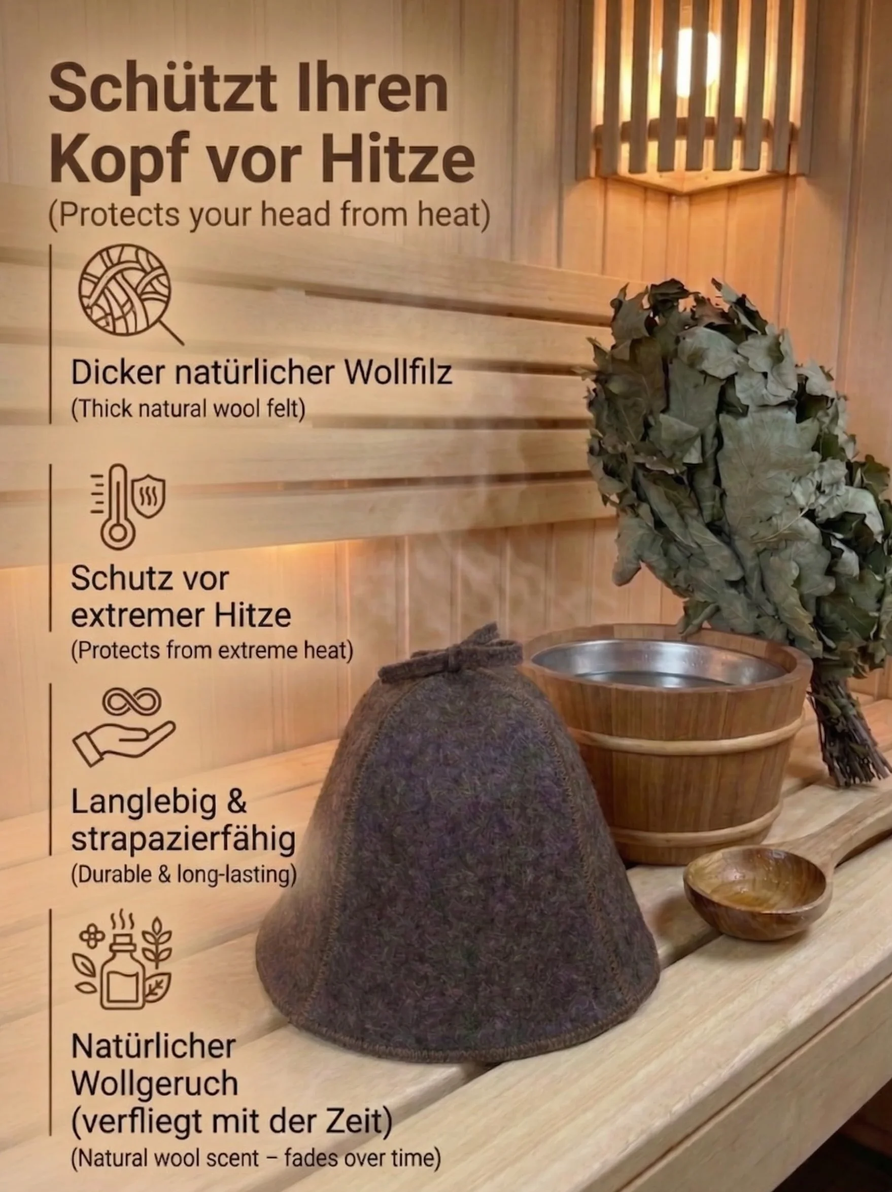 Saunahut 100% Wollfilz für Damen und Herren – Hitzeschutz, Naturmaterial, Mütze Filz Saunamütze