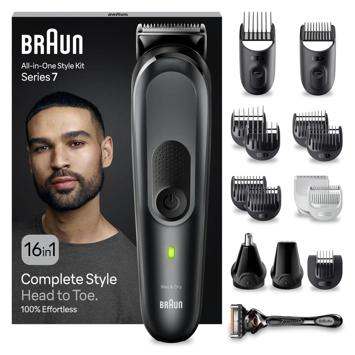 Braun All-In-One Trimmer-Set 7, 16-in-1 Multigroom, Barttrimmer, Nasenhaartrimmer, Haarschneidemaschine für Gesicht, Kopf und Körper, 100 Min Akku, 14 Längen (3–21 mm), Wasserdicht, MGK7491, Schwarz