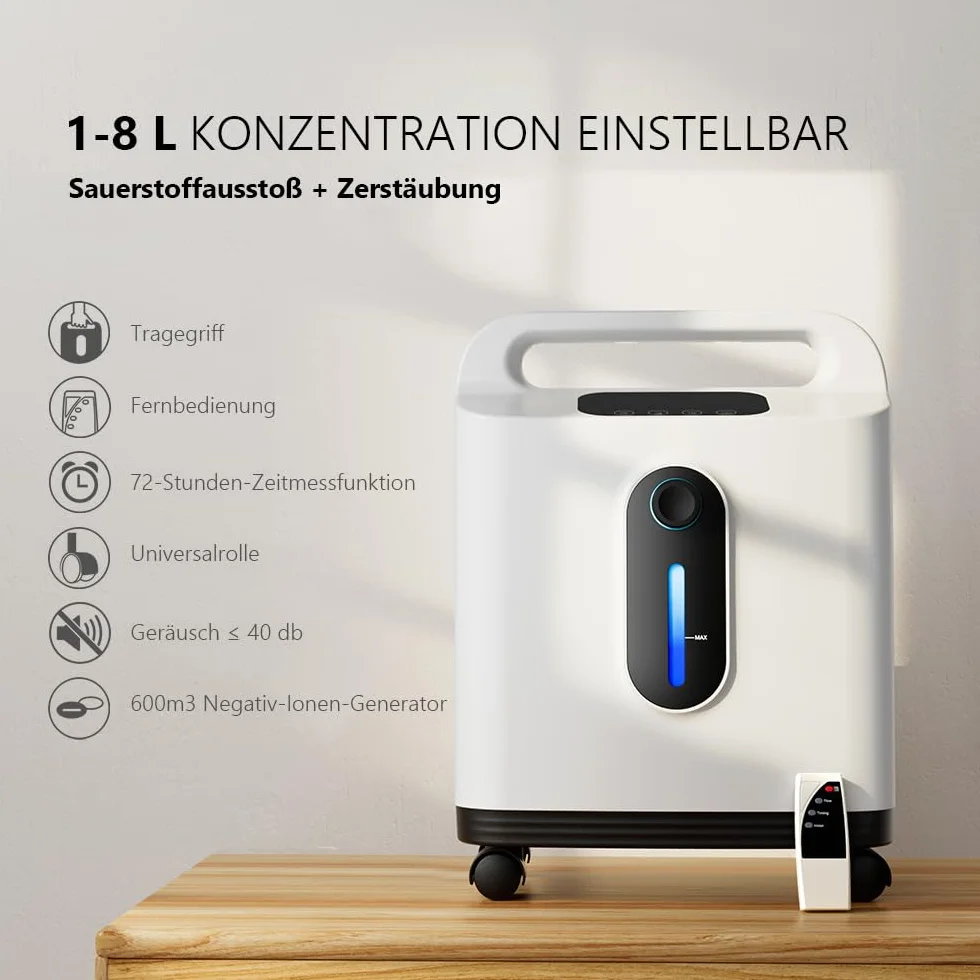 Sauerstoffkonzentrator, 1-8 Liter/Minute einstellbare Konzentration 90% ± 3%, tragbarer Tragegriff für den einfachen Einsatz zu Hause auf Reisen (Universalräder, Anleitung in Deutsch)