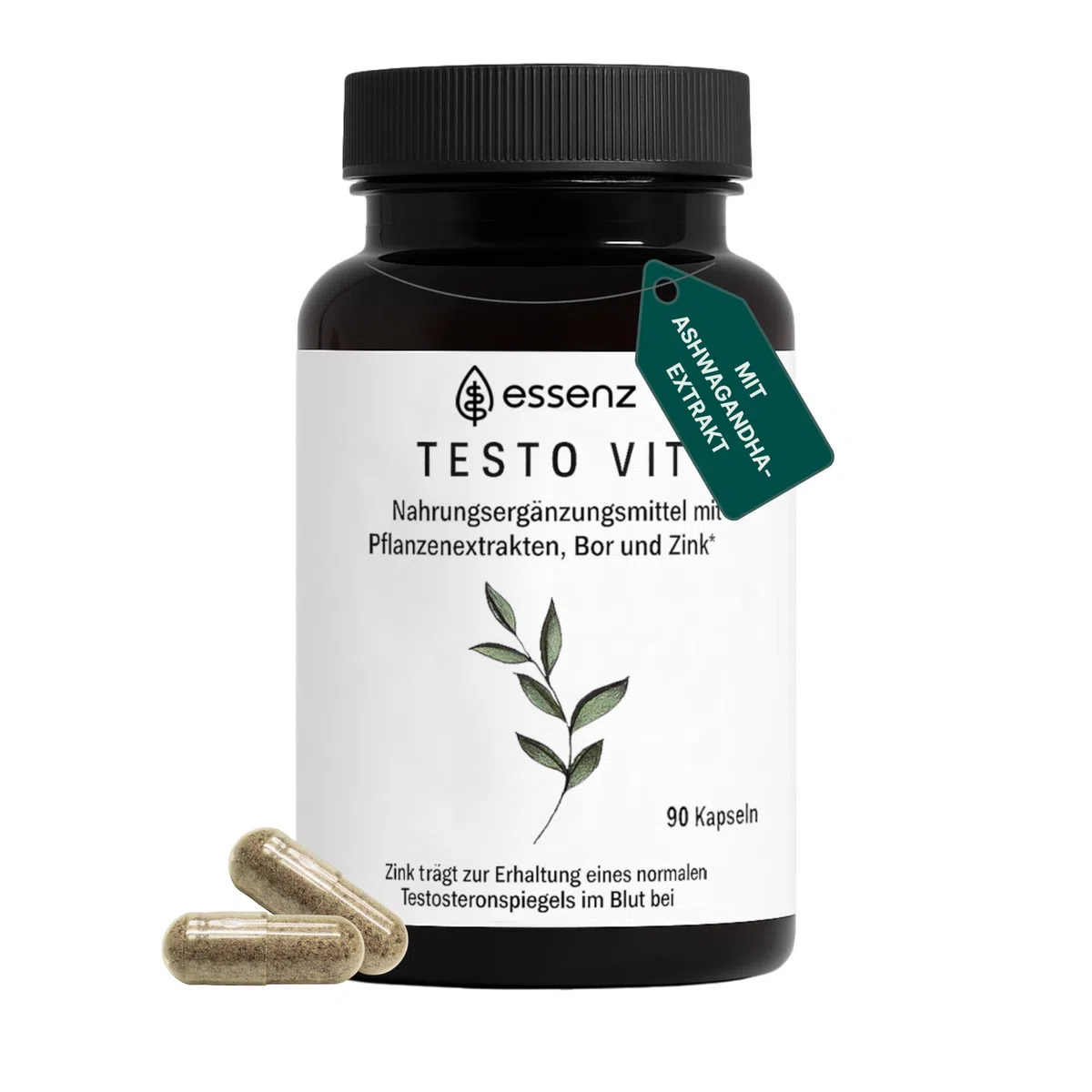 ESSENZ - Testo Vit 90 Kapseln - Natürliche Testo Vit Kapseln mit Ashwagandha-, Bockshornkleesamen- & Schwarzes Maca-Extrakt. Zur Förderung des Wohlbefindens