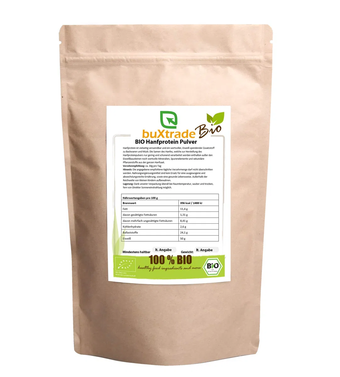 10x 1 kg | BIO Hanfprotein Pulver | Nahrungsergänzungsmittel | Pulver | Buxtrade