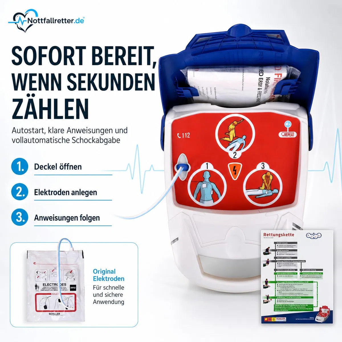 Defibrillator AED Wandschrank Set [10 Jahre Garantie] Erste Hilfe Set, Vollautomat, Autostart, 6 J. Batterie, für Betrieb, Gemeinde, Verein & Praxis, Notfall Ausrüstung Aufbewahrungsbox First Aid Kit