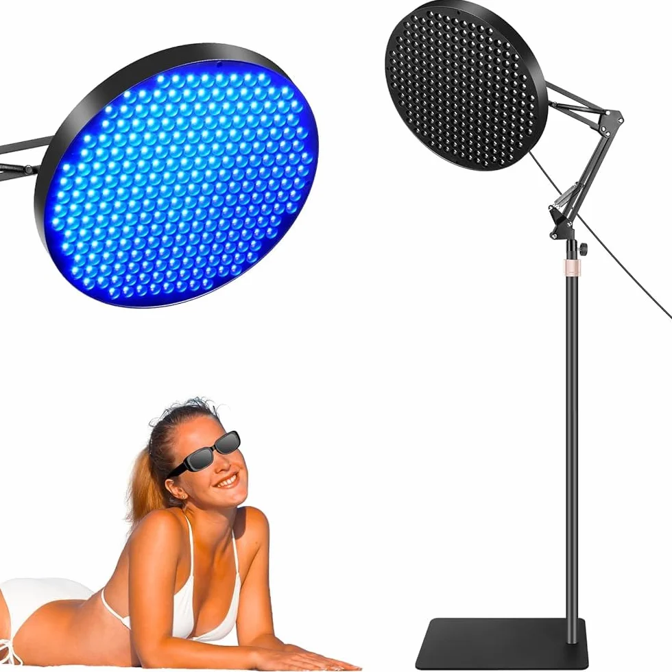Solarium Für Zuhause, 50w Bräunungslicht Solarium 250 Leds Blaues Licht Gesichtsbräunungslampe, Sonnenlampe Für Gesicht Und Körper mit Verstellbarem Ständer & Sonnenbrille - Blau