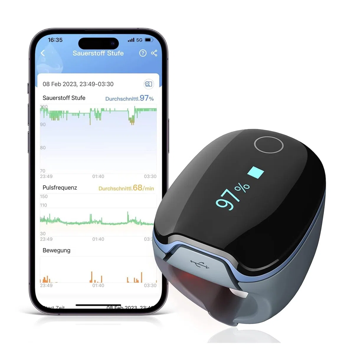 Wellue O2 Ring Bluetooth Pulsoximeter mit alarm, Sauerstoffsättigung Messgerät mit kontinuierliche Überwachung, Schlafoximeter für Blutsauerstoff und Herzfrequenz, Professional APP und Berichte