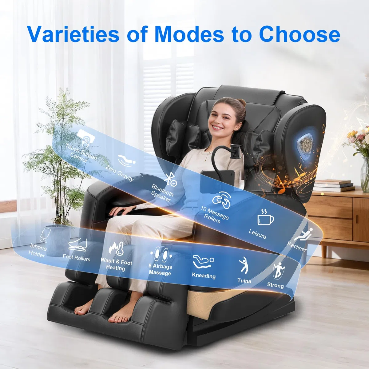 Massagesessel, Ganzkörper-Massagesessel mit Zero-Gravity, 14 Rollen und 8 Komfort-Airbags, Mit Heizfunktion für Taille und Beine Fußmassage, Bluetooth-Player und 2-in-1 Touchscreen (Schwarz)