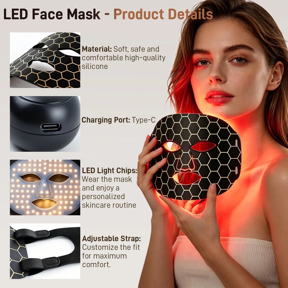 LED Gesichtsmaske 7 Farben Lichttherapie Rotlicht Maske Anti-Aging | Für Gesicht & Hautpflege, Photon Lichttherapie, flexibles Silikon Design mit Type-C Akku und 7 Lichtfarben