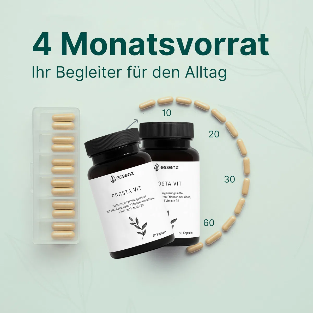ESSENZ - Prosta Vit 2x60 Kapseln - Natürliche Prosta Vit Kapseln mit Kürbiskern-, Sägepalm- & Brennnesselwurzelextrakt. Zur Förderung des Wohlbefindens