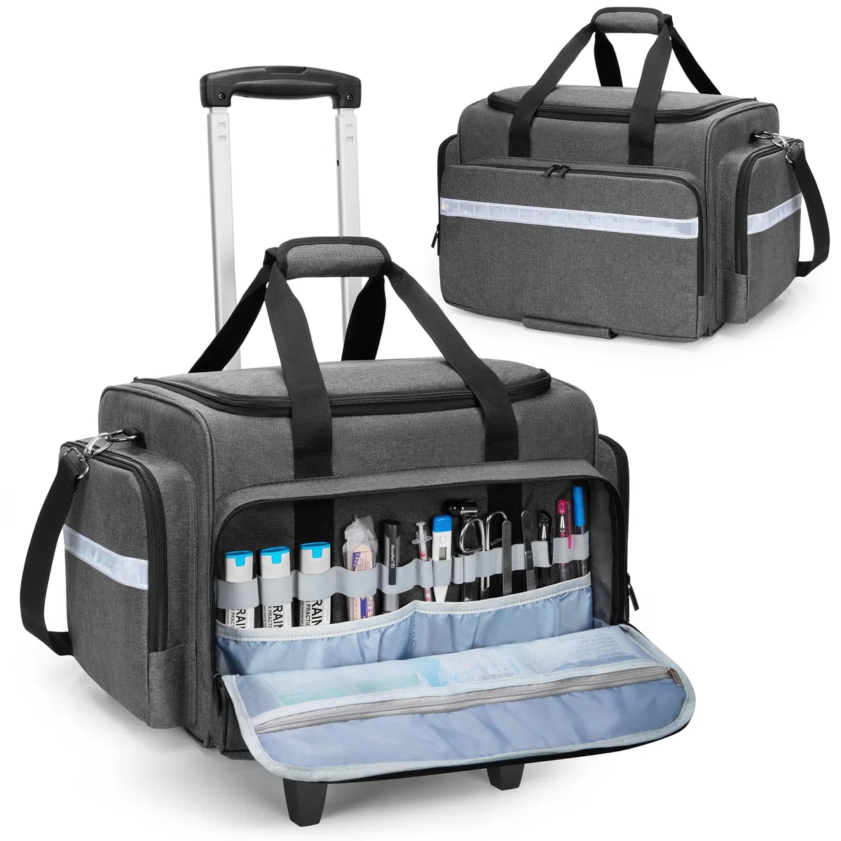 Damero Notfalltasche mit Abnehmbarem Trolley, Arzttasche mit Rollen für medizinische Geräte, Erste Hilfe Tasche für Krankenschwestern, Ärzte, Rettungssanitäter, EMS, Grau