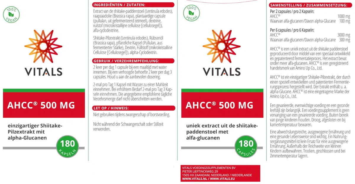 Vitals - AHCC 500 mg, 180 Kapseln, mit Alpha-Glucanen. 100% Vegan. Originalprodukt von den ursprünglichen Entdeckern