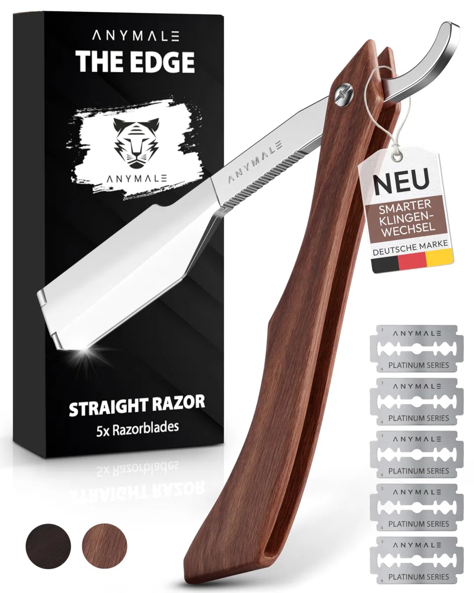 Premium Rasiermesser mit Wechselklinge "The Edge" für Herren Griff aus Sandel-Holz - Straight Razor Bart & Konturen inkl. 5 x Klinge - Edelstahl Barber & Friseur Nass-Rasierer Bartmesser Set