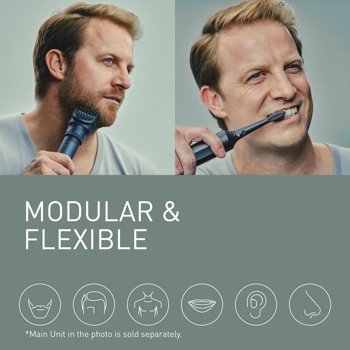 Panasonic MULTISHAPE modulares Körperpflege-System für Männer, Bart-/Haartrimmer, Bart-/Haar-/Körpertrimmer, 3-Klingen-Scherkopf, elektrische Zahnbürste & Nasen-/Ohren-/Augenbrauentrimmer Aufzatz
