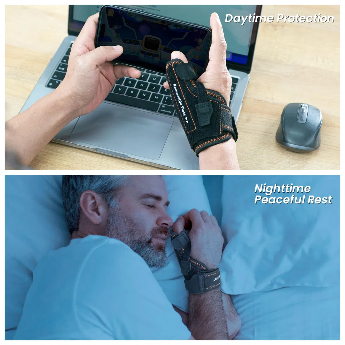 CURECARE Daumenbandage Rechts und Links, Abnehmbare Daumenschiene (S/M) | 3-Stufige Stabilität, Tag/Nacht Stütze, Atmungsaktiv, Leicht, Daumenorthese für CMC, De Quervain, Orthese Daumensattelgelenk