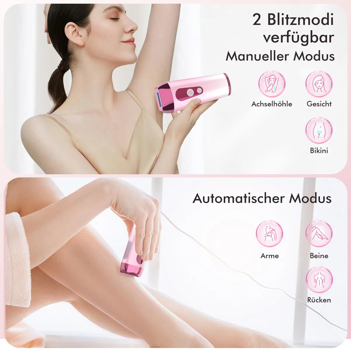 IPL Geräte Haarentfernung mit Kühlung Funktion, Schmerzfreie Laser Haarentfernungsgerät zu Hause 5 Energiestufen für Gesich Bikinibereich Körper - Rosa