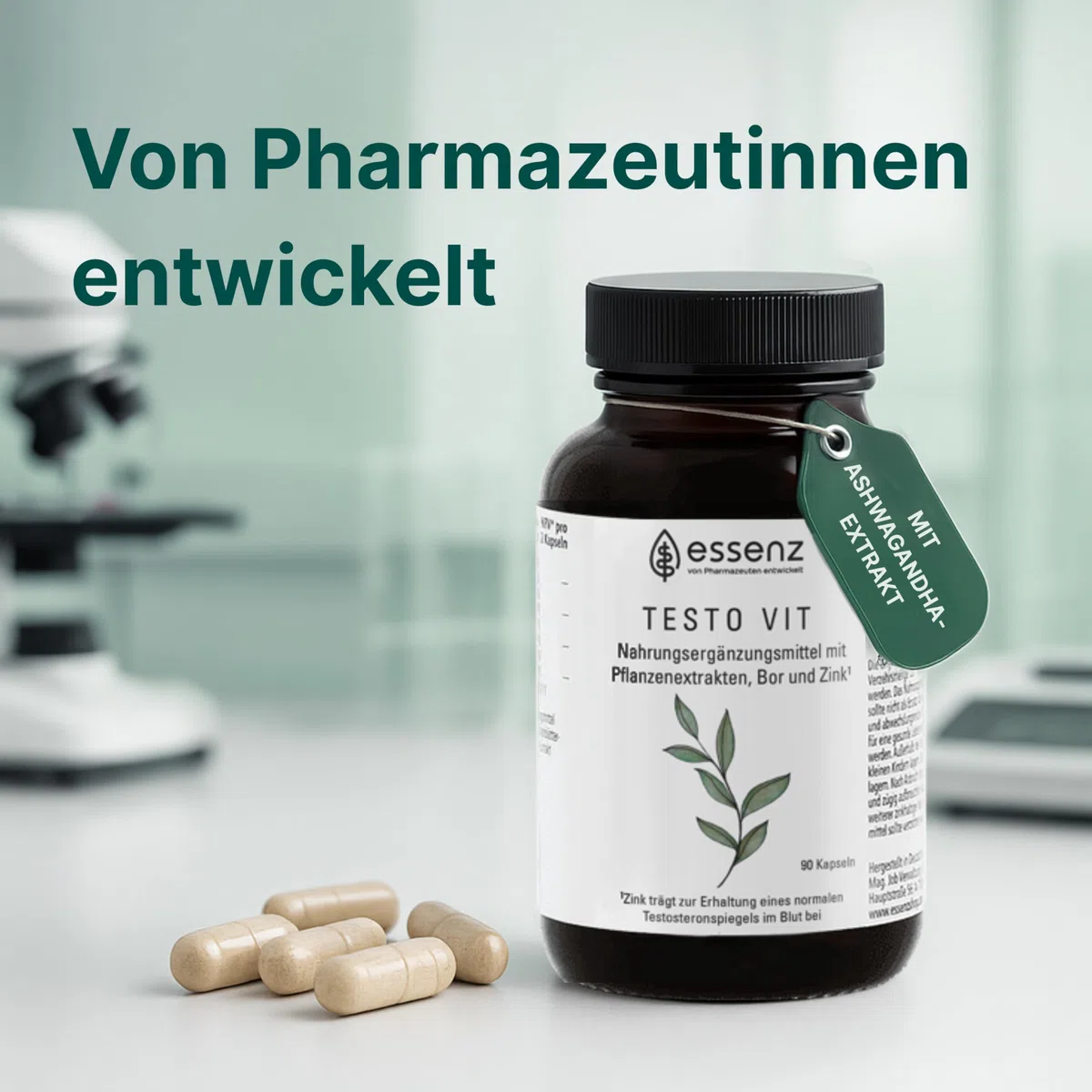 ESSENZ - Testo Vit 90 Kapseln - Natürliche Testo Vit Kapseln mit Ashwagandha-, Bockshornkleesamen- & Schwarzes Maca-Extrakt. Zur Förderung des Wohlbefindens