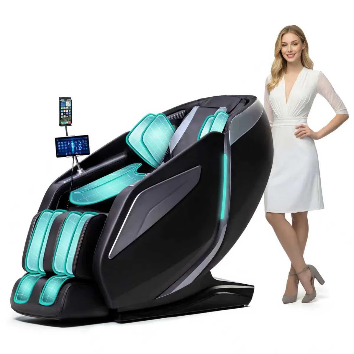 HealthRelife Ganzkörpermassagesessel mit Bodyscan 4D-Robotische Hände Intelligente Shiatsu Massagesitzauflage mit Sprachfunktion Rückenheizung(Schwarz)