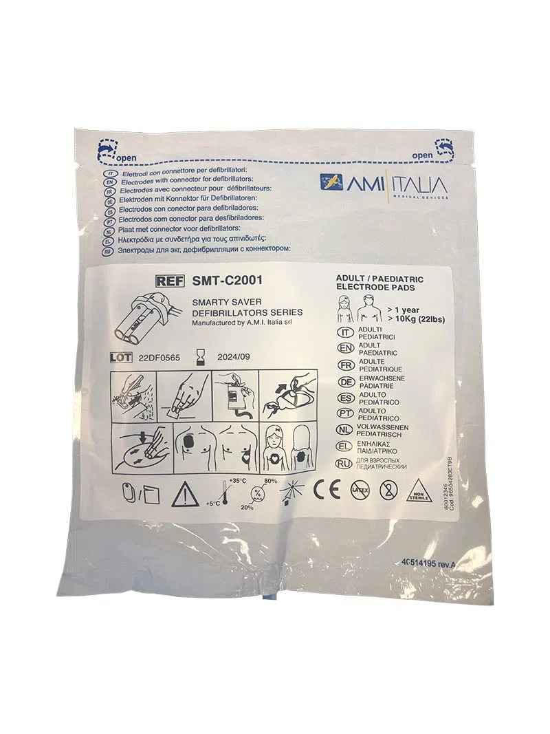AED Defibrillator SET SMARTY SAVER, vollautom. Auslösung, Umschalter Erwachsene-Kinder, Kombi-Elektroden mit Metall-Wandkasten und AED - Standortwinkel