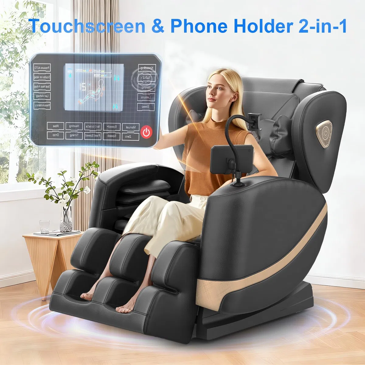 Massagesessel, Ganzkörper-Massagesessel mit Zero-Gravity, 14 Rollen und 8 Komfort-Airbags, Mit Heizfunktion für Taille und Beine Fußmassage, Bluetooth-Player und 2-in-1 Touchscreen (Schwarz)