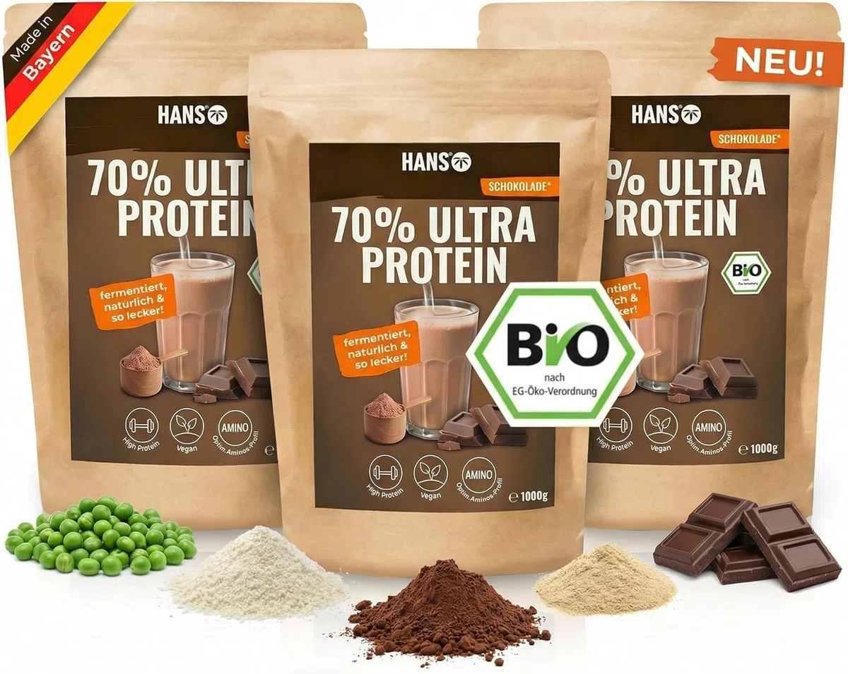 HANS Brainfood Veganes Proteinpulver Schoko - Bio Zertifiziert aus Bayern – 70% fermentiertes Erbsenprotein ohne Süßungsmittel, cremig & gut löslich – Protein Pulver vegan (3000g)