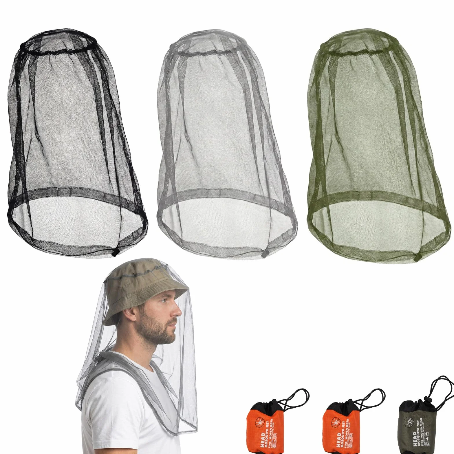 3 Stück Moskitonetz Kopf, Net Kopfschutz-Netz, Moskitonetz Kopf mit Extrafeinen Maschen, Moskitonetz für Hut Moskito Kopfnetz für Gartenarbeit, Camping, Wandern, Angeln, Imkerei