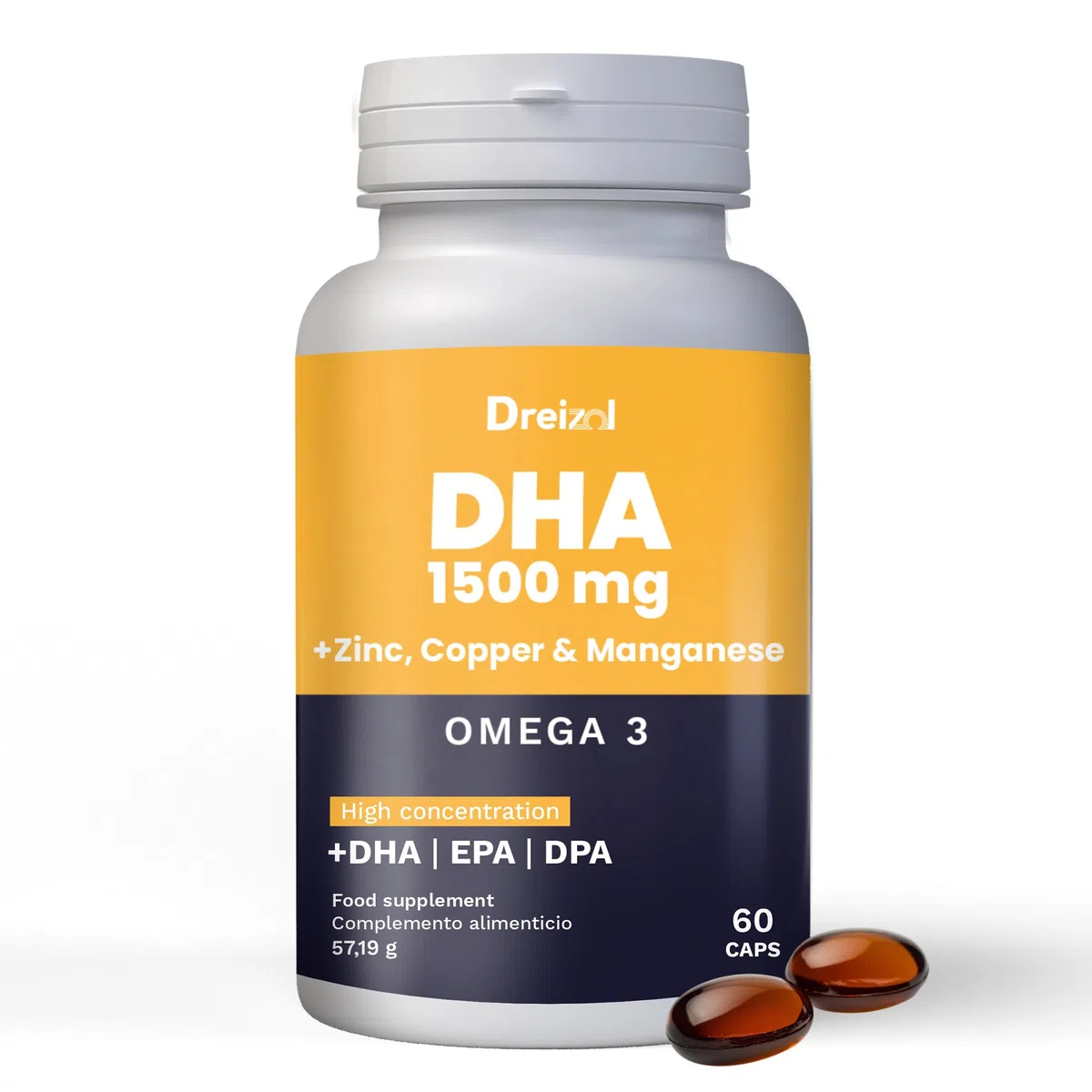 Omega 3 DHA 1500 mit EPA und DPA + Magnesium, Zink und Kupfer - Hohe Konzentration - Unterstützt Augengewebe, Netzhaut sowie Herz- und Gehirngesundheit - Glutenfrei - GMO-frei - 60 Kapseln