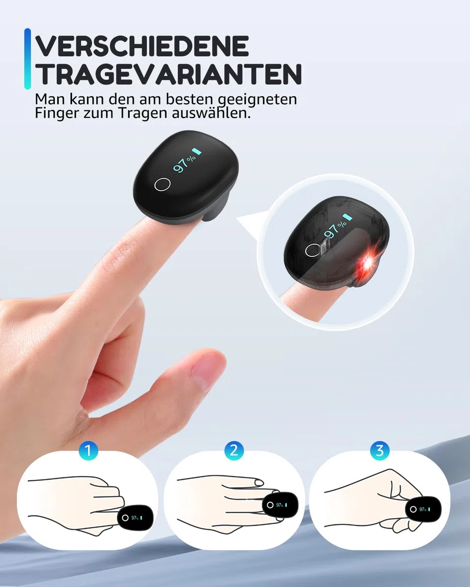 Wiederaufladbares O2 ring Bluetooth-Blutsauerstoffmessgerät für die Fingerspitze zur kontinuierlichen Messung von SpO2 und Pulsfrequenz