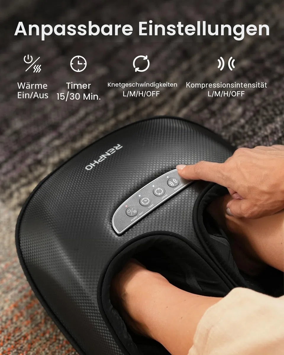 RENPHO Fußmassagegerät mit Wärme 2026 Neu, Shiatsu für ganzen Fuß, Fussmassagegerät Elektrisch Testsieger, 3 Luftdruck und Knetstufen, PU-Leder, Geschenke für Frauen Männer, bis Größe 47, Schwarz