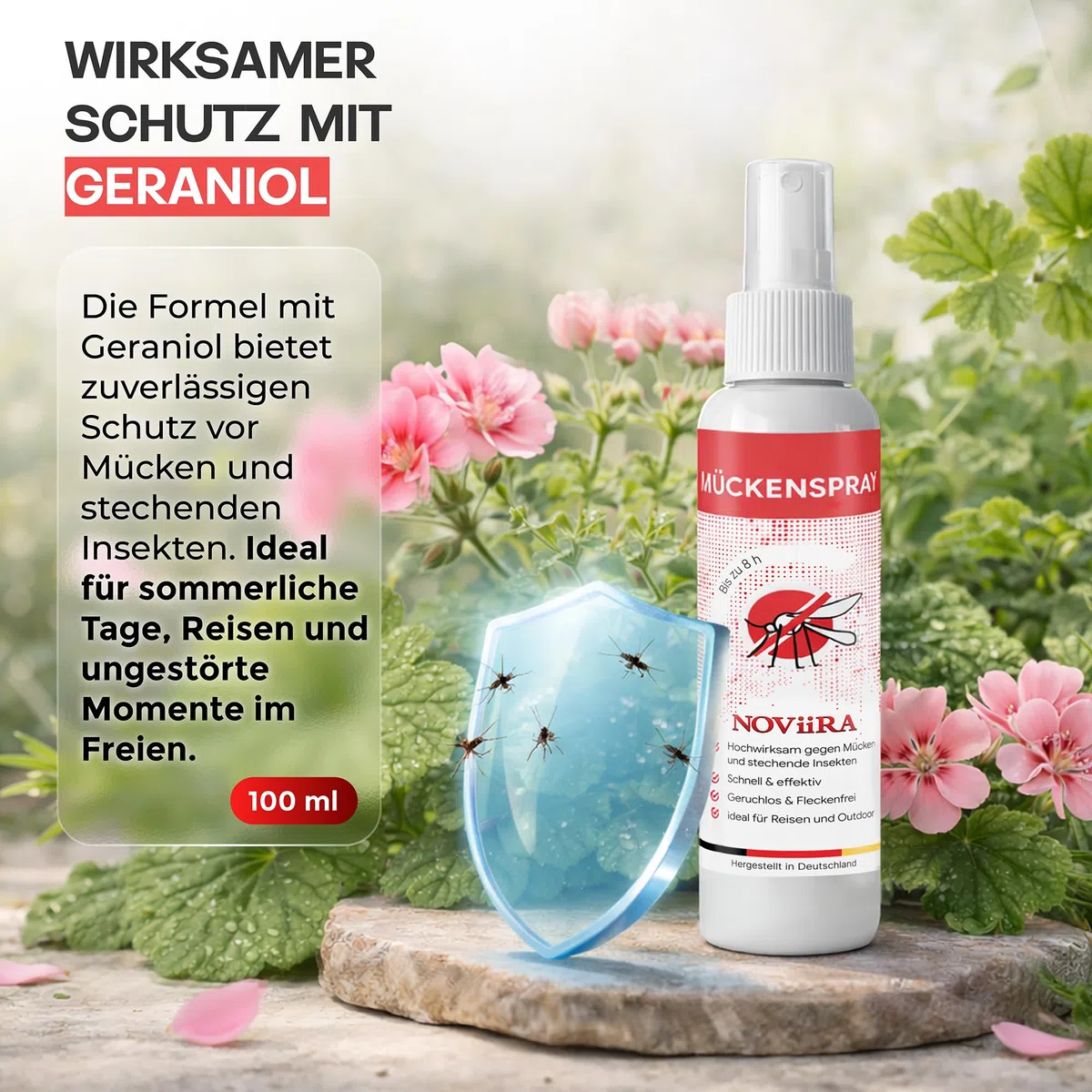 Mückenschutz 100 ml, schnellwirkender natürlicher Insektenschutz, hautverträglich und fleckenfrei für Reise, Outdoor und Alltag, Geraniol-Zitrus-Duft, Insektenspray, Mückenschutz Haut, Mückenspray