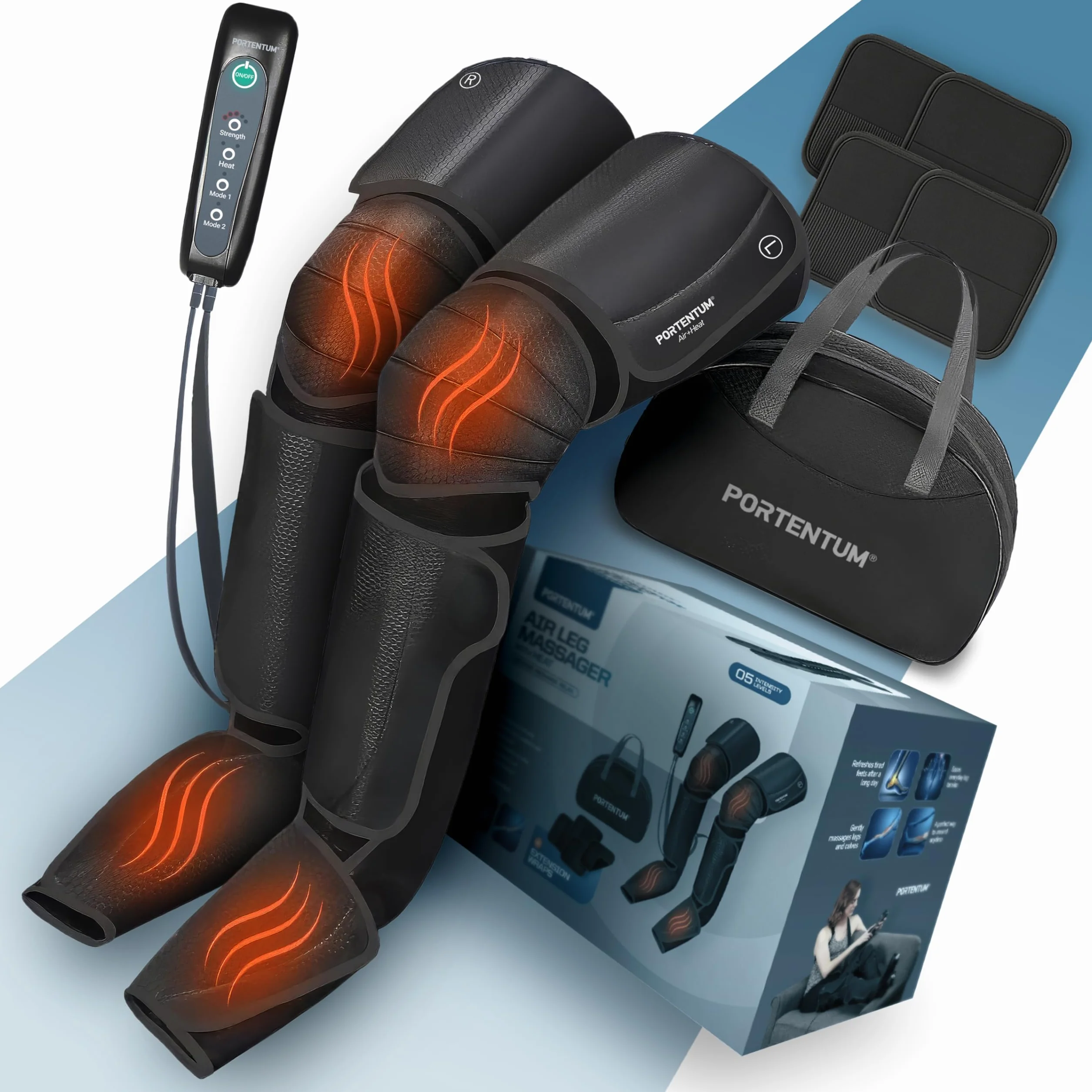 PORTENTUM Lymphdrainage gerät – Bein Massagegerät mit einstellbarer Wärme – 5 Kompressionsstufen – Fernbedienung – lindert müde Beine und fördert die Durchblutung – Transporttasche inklusive