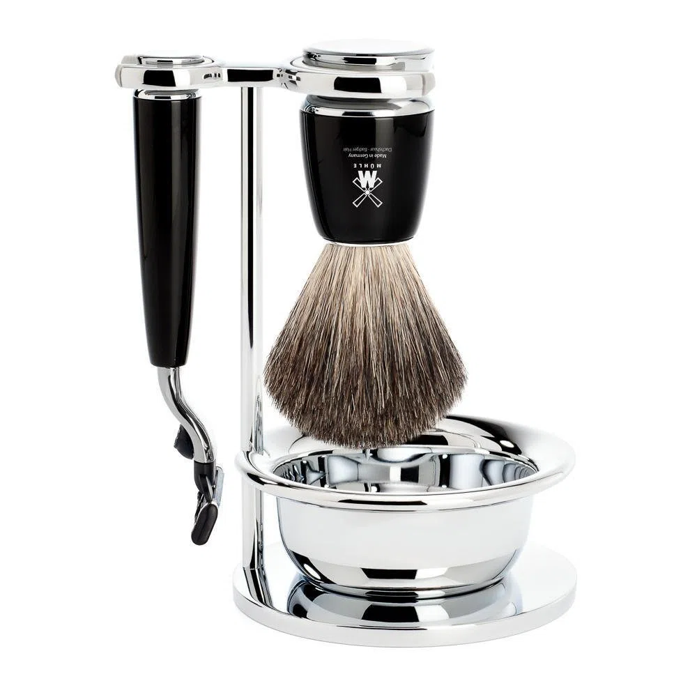 MÜHLE Rasierset mit Schale - Rytmo Serie - Reines Dachshaar - kompatibel mit Gillette-Klingen - Edelharz schwarz