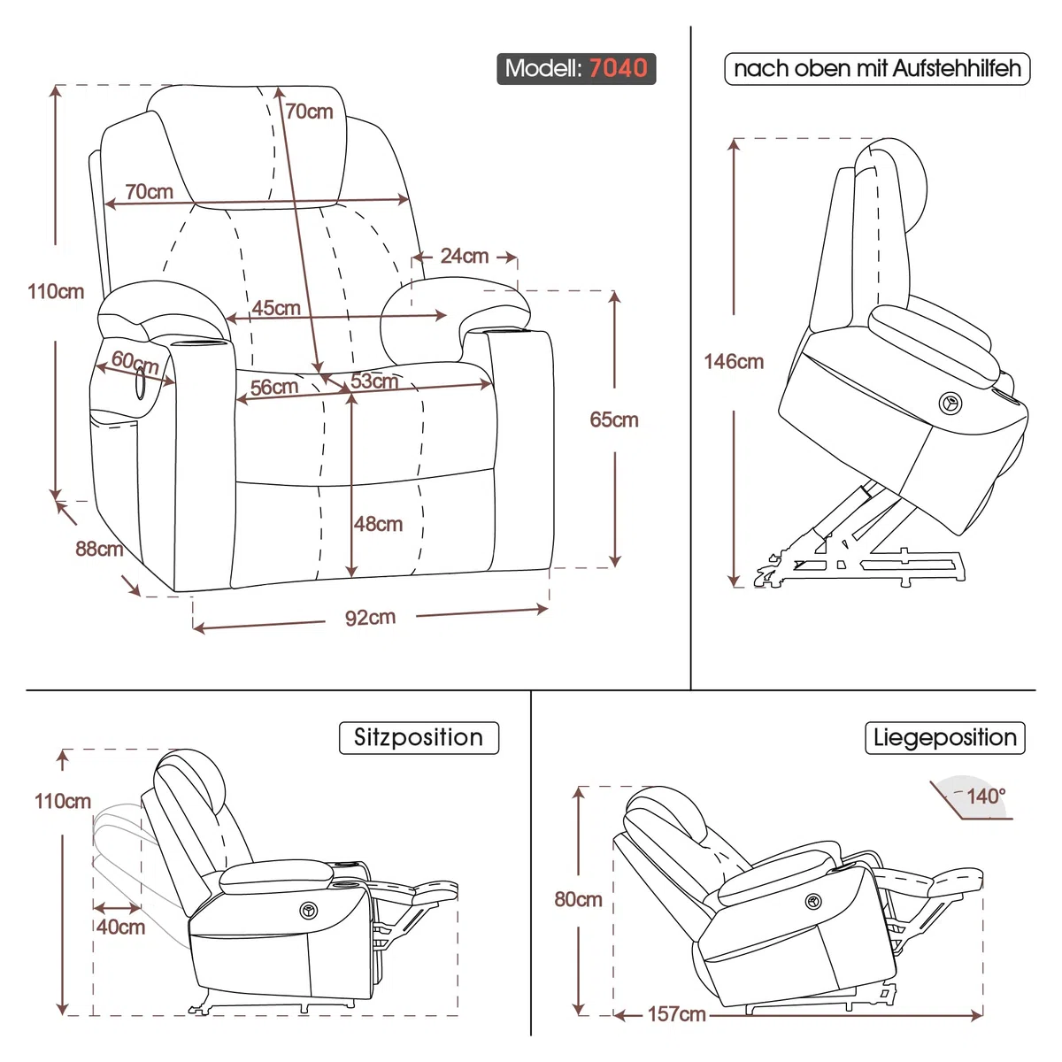 MCombo elektrische Aufstiegshilfe, TV-Sessel, Ruhestuhl, Massage, Heizung, elektrisch verstellbare USB-Anschluss