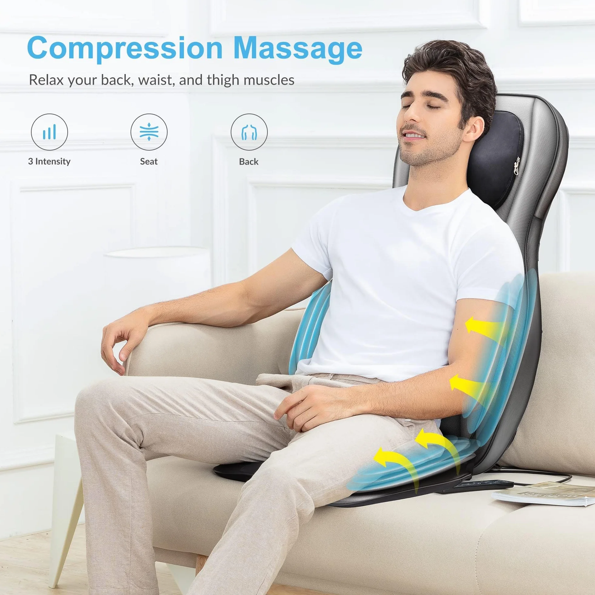 Comfier Shiatsu Rücken und Nacken Massagesitzauflage mit Wärme - 2D / 3D-Knet Massageauflage mit voller Rückenlehne und einstellbarer Luftkompresse, Ganzkörper Massagematte für Damen, Herren