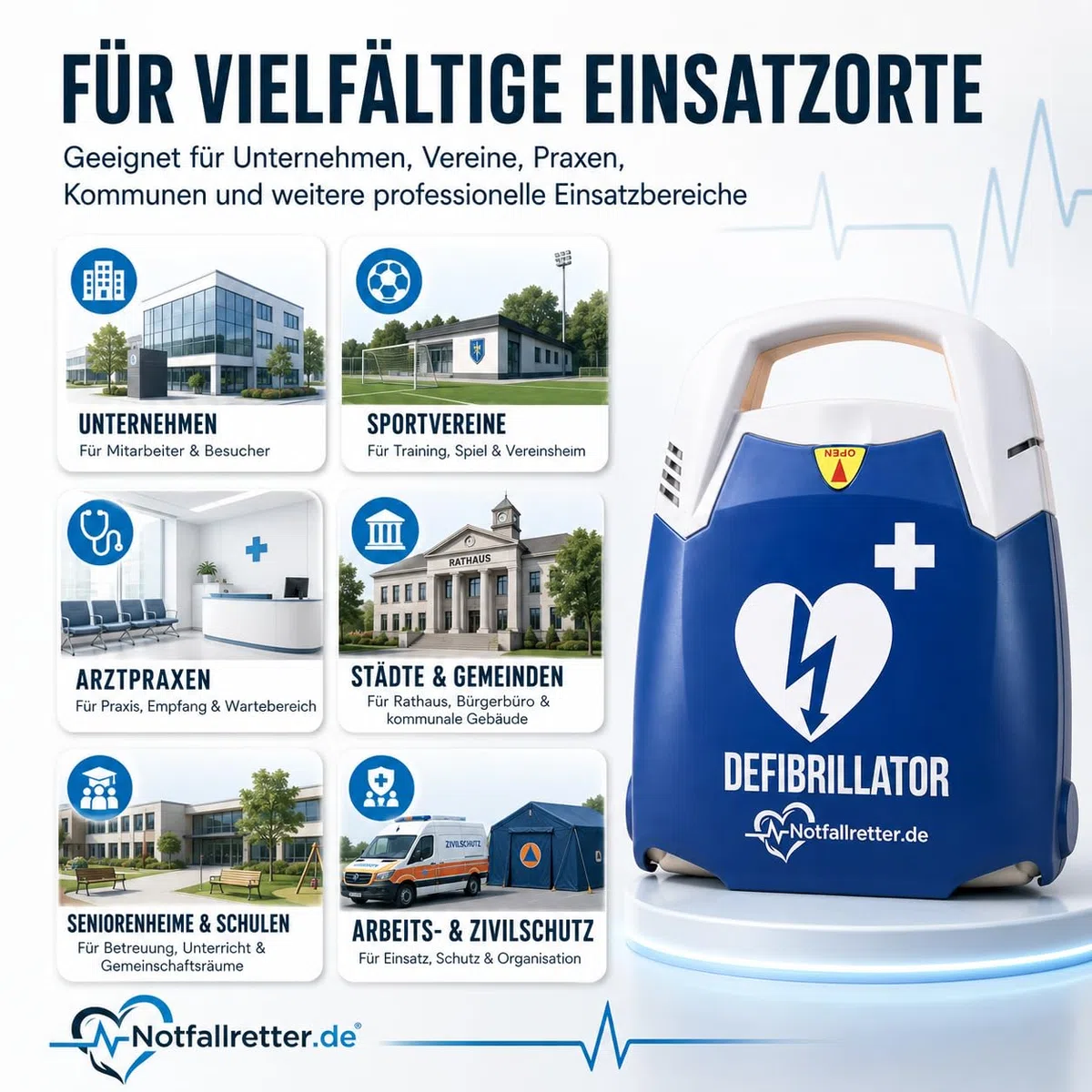 Defibrillator AED Wandschrank Set [10 Jahre Garantie] Erste Hilfe Set, Vollautomat, Autostart, 6 J. Batterie, für Betrieb, Gemeinde, Verein & Praxis, Notfall Ausrüstung Aufbewahrungsbox First Aid Kit