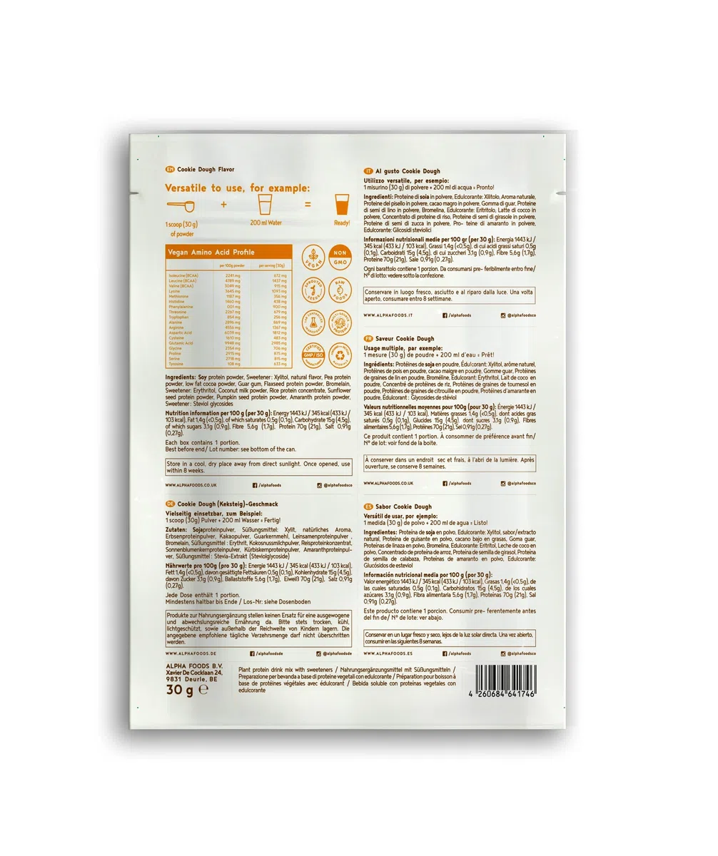 Veganes Proteinpulver | Cookie Dough | 30g Probierpäckchen Eiweißpulver | Produktprobe | Premiumqualität Protein | Made in Germany | Alpha Foods