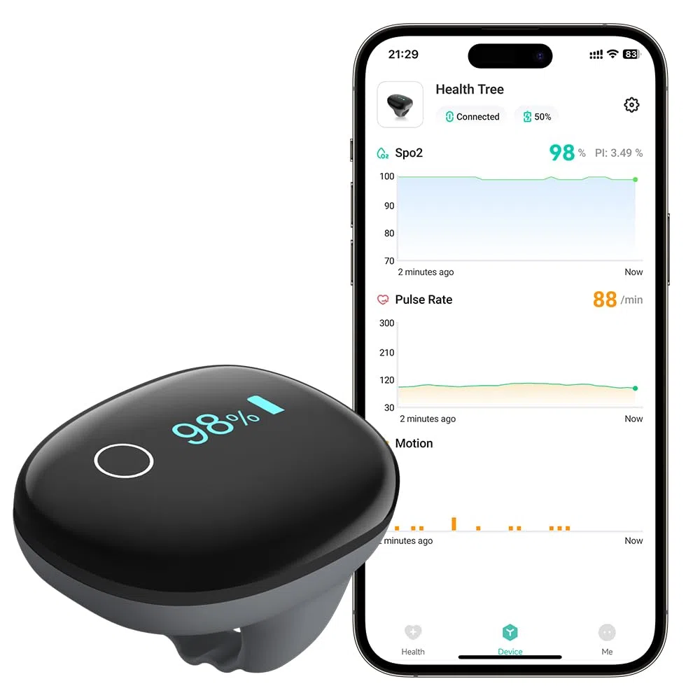 Wiederaufladbares O2 ring Bluetooth-Blutsauerstoffmessgerät für die Fingerspitze zur kontinuierlichen Messung von SpO2 und Pulsfrequenz
