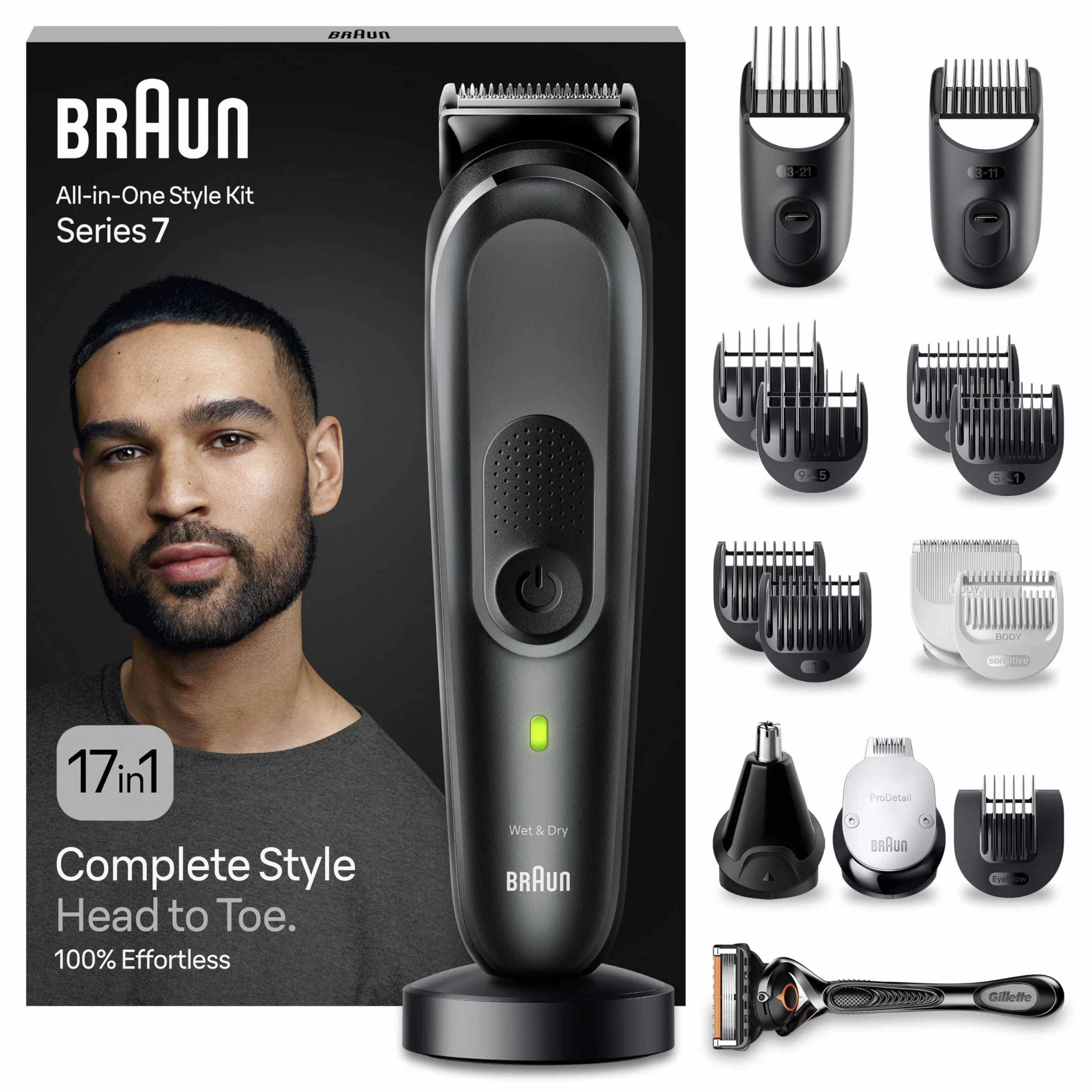 Braun All-In-One Trimmer-Set 7, 17-in-1 Multigroom, Barttrimmer, Nasenhaartrimmer, Haarschneidemaschine für Gesicht, Kopf und Körper, 100 Min Akku, 14 Längen (3–21 mm), Wasserdicht, MGK7491, Schwarz