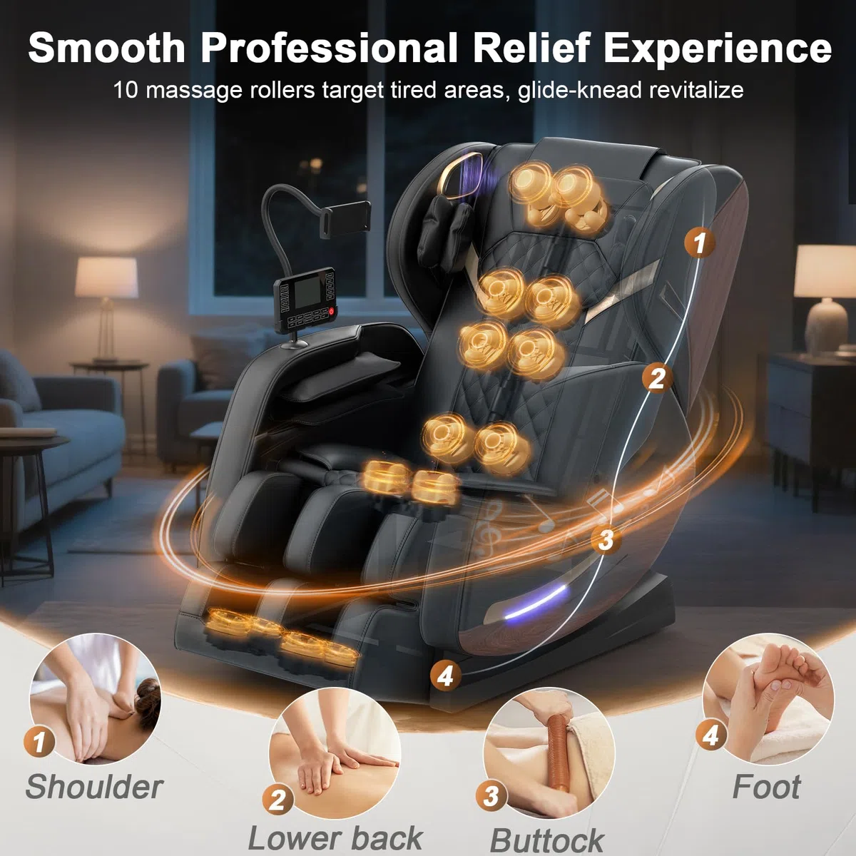 Ganzkörper Massagesessel mit 14 Massagerollen, 8 Airbags, Massagesessel mit Wärmefunktion-Beine und Taillenheizung, Bluetooth-Lautsprecher, Touchscreen-Controller, Zero-Gravity-Liegestuhl für Heimkino