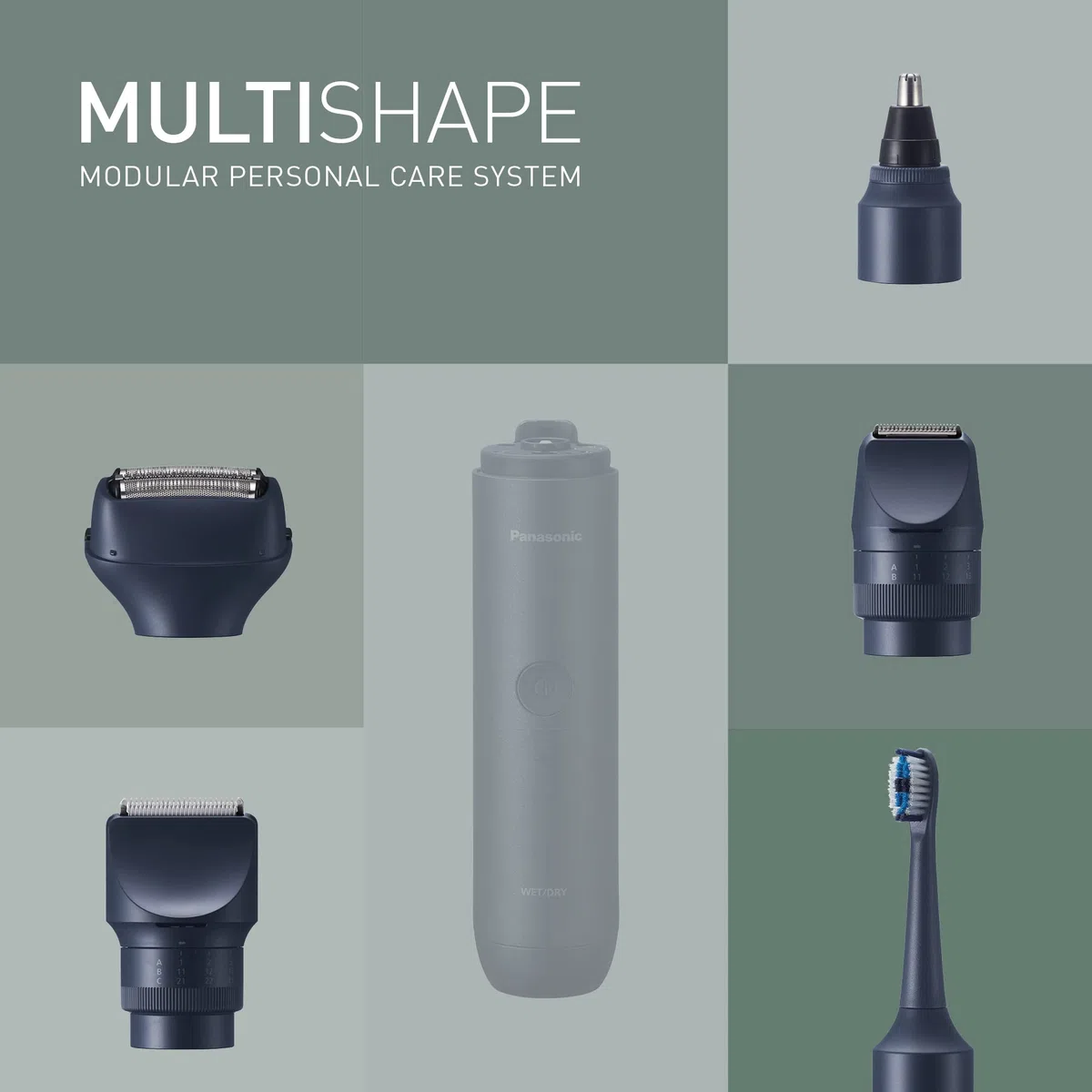 Panasonic MULTISHAPE modulares Körperpflege-System für Männer, Bart-/Haartrimmer, Bart-/Haar-/Körpertrimmer, 3-Klingen-Scherkopf, elektrische Zahnbürste & Nasen-/Ohren-/Augenbrauentrimmer Aufzatz