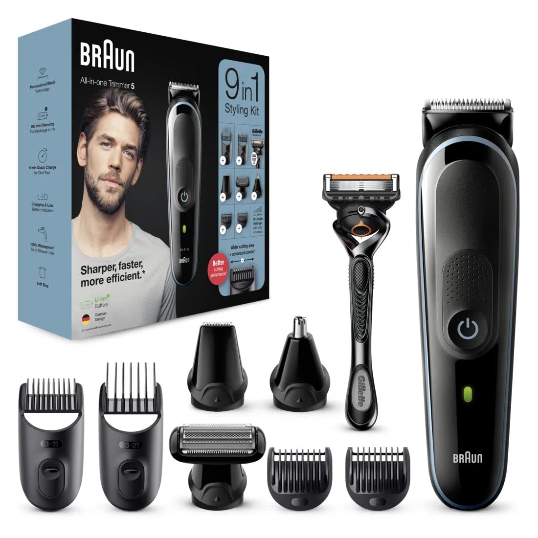 Braun Multi-Grooming-Kit 5, 9-in-1 Barttrimmer und Haarschneider/Haarschneidemaschine für Haarentfernung Herren, für Gesichts-, Kopf-, Körperhaare, 7 Aufsätze, Geschenk Mann, MGK5380, schwarz/blau