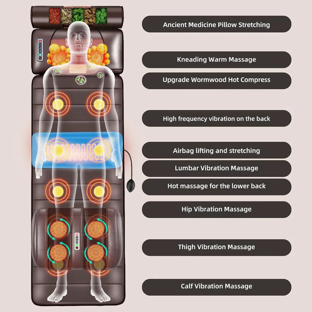 Massagematte Ganzkörpermassage mit Wärmefunktion und 10 Vibrationsmotoren, Verstellbarer Lendenairbag Akupressurmatte, Abnehmbarer Massageauflage für Nacken Rücken, für Massagestuhl, Massageliege